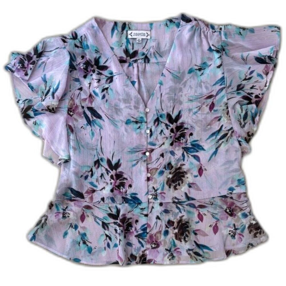 NANETTE Nanette Lepore Floral Metallic Stripe Blouse XL Pink Teal Sheer Top